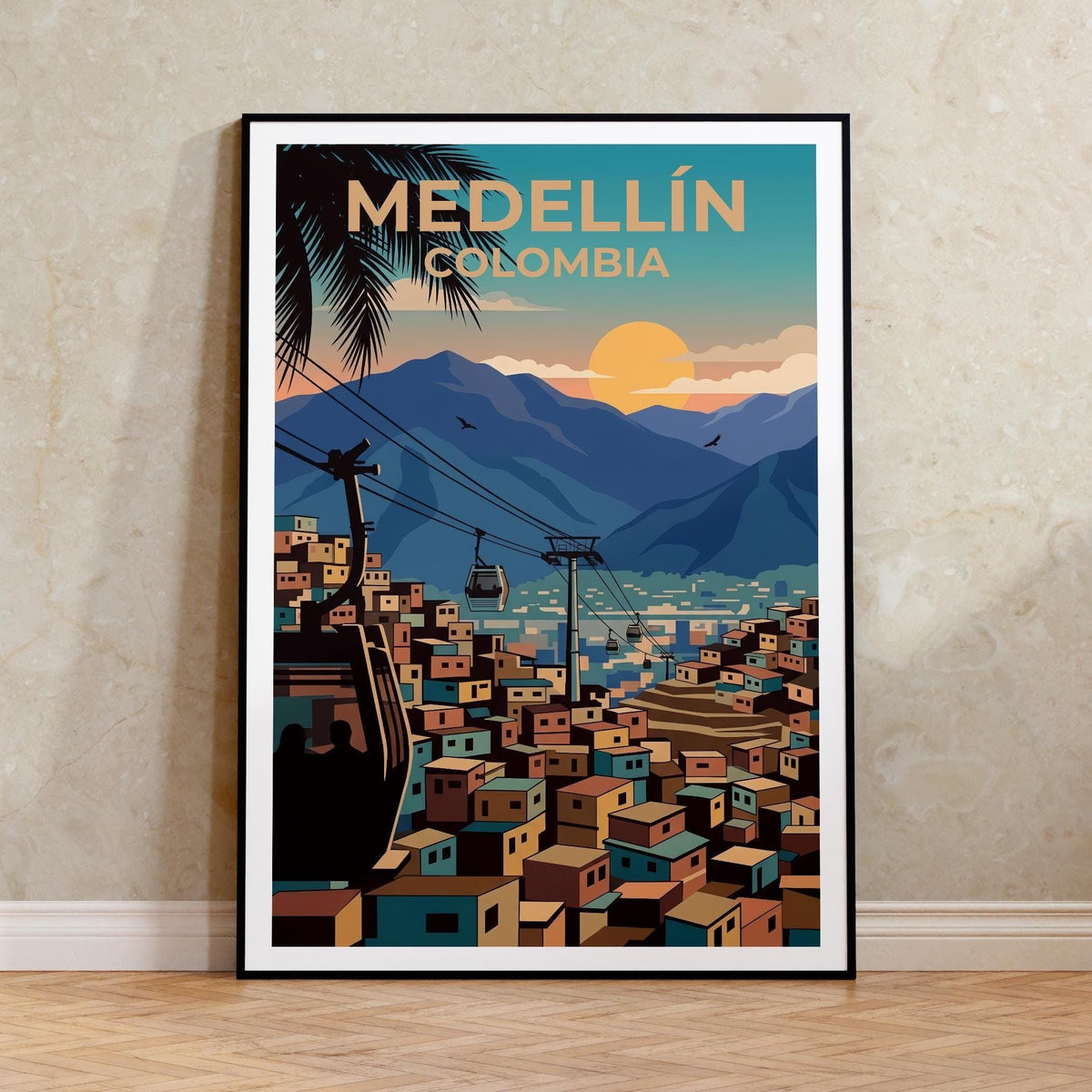 Medellín Colombia Poster — Metrocable Over Colorful Barrios
