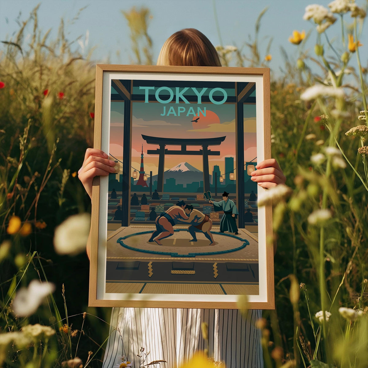 Tokyo Sumo Poster – Mt. Fuji, Torii Gate & Skyline Print