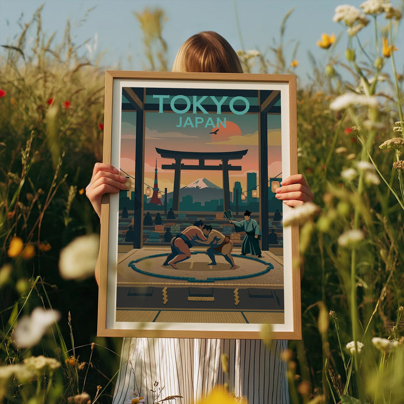 Tokyo Sumo Poster – Mt. Fuji, Torii Gate & Skyline Print