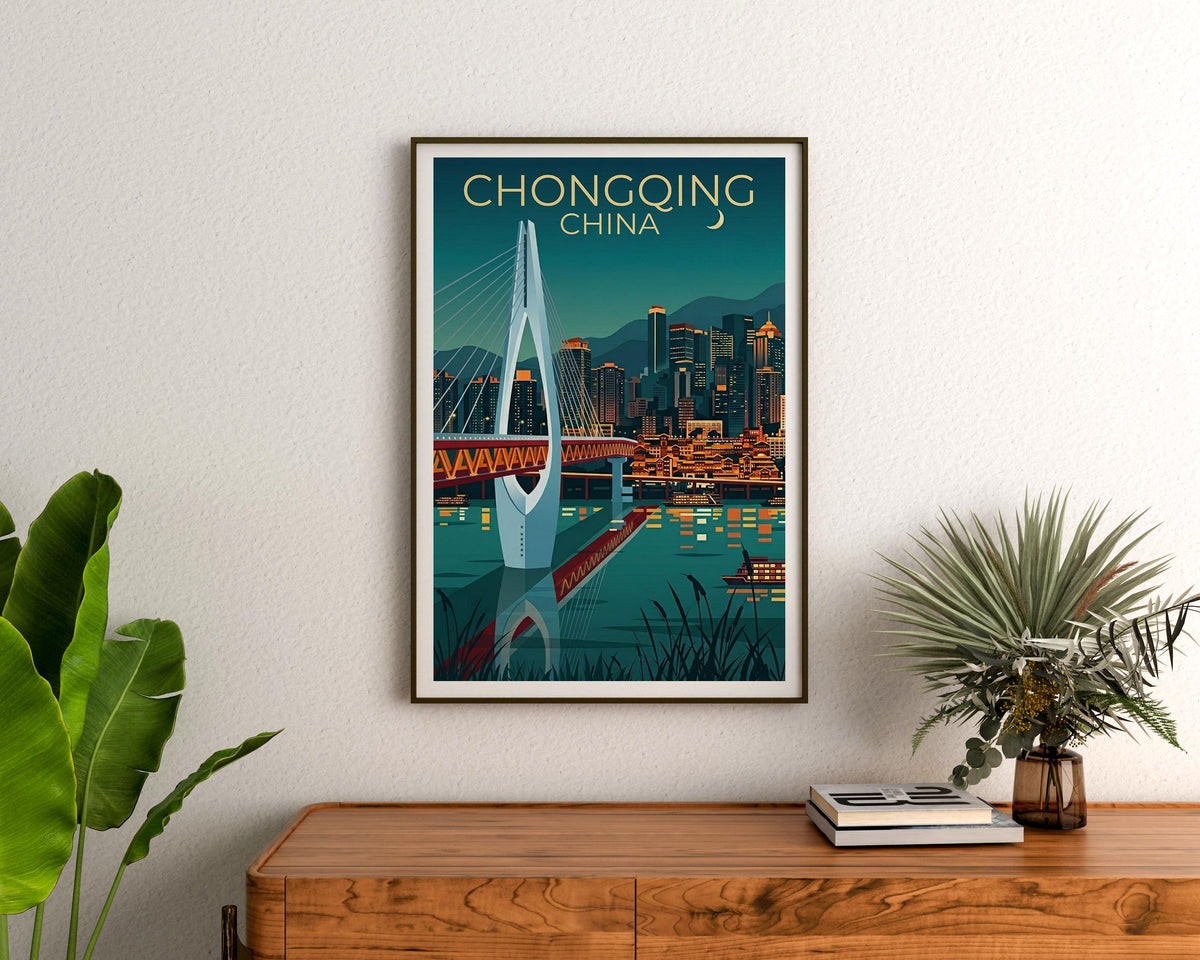 Chongqing China Poster – Cable-Stayed Bridge at Night