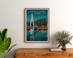 Chongqing China Poster – Cable-Stayed Bridge at Night