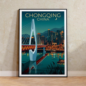 Chongqing China Poster – Cable-Stayed Bridge at Night