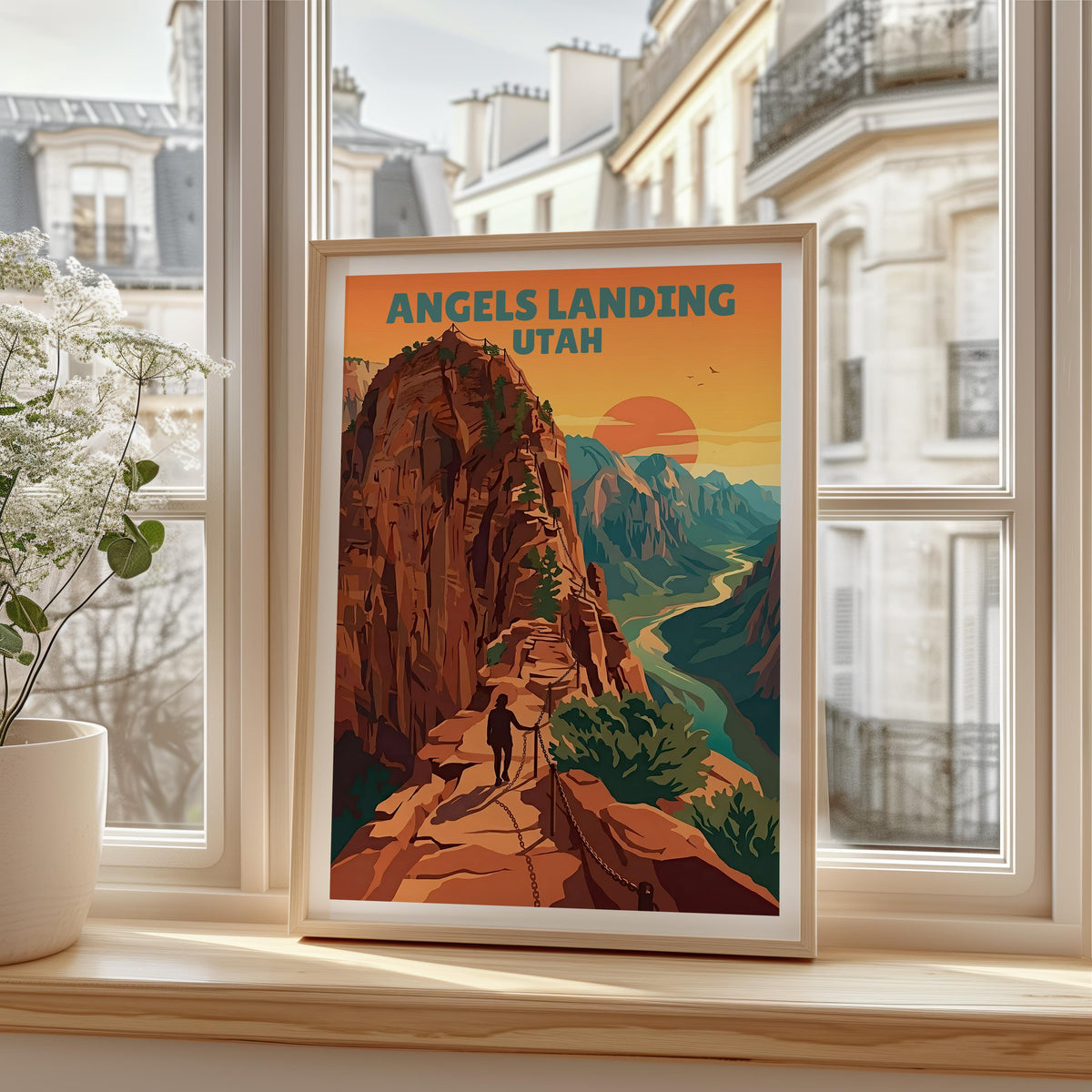 Angels Landing Poster — Hiker on Zion’s Chained Cliff Trail