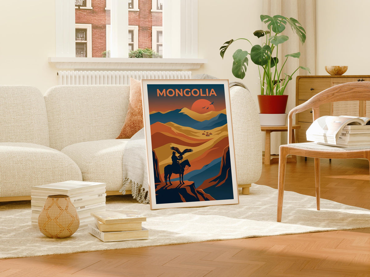Mongolia Eagle Hunter Poster, Nomadic Rider Wall Art