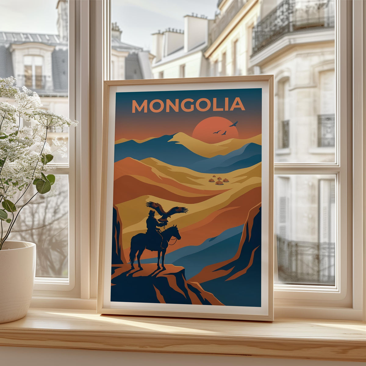 Mongolia Eagle Hunter Poster, Nomadic Rider Wall Art
