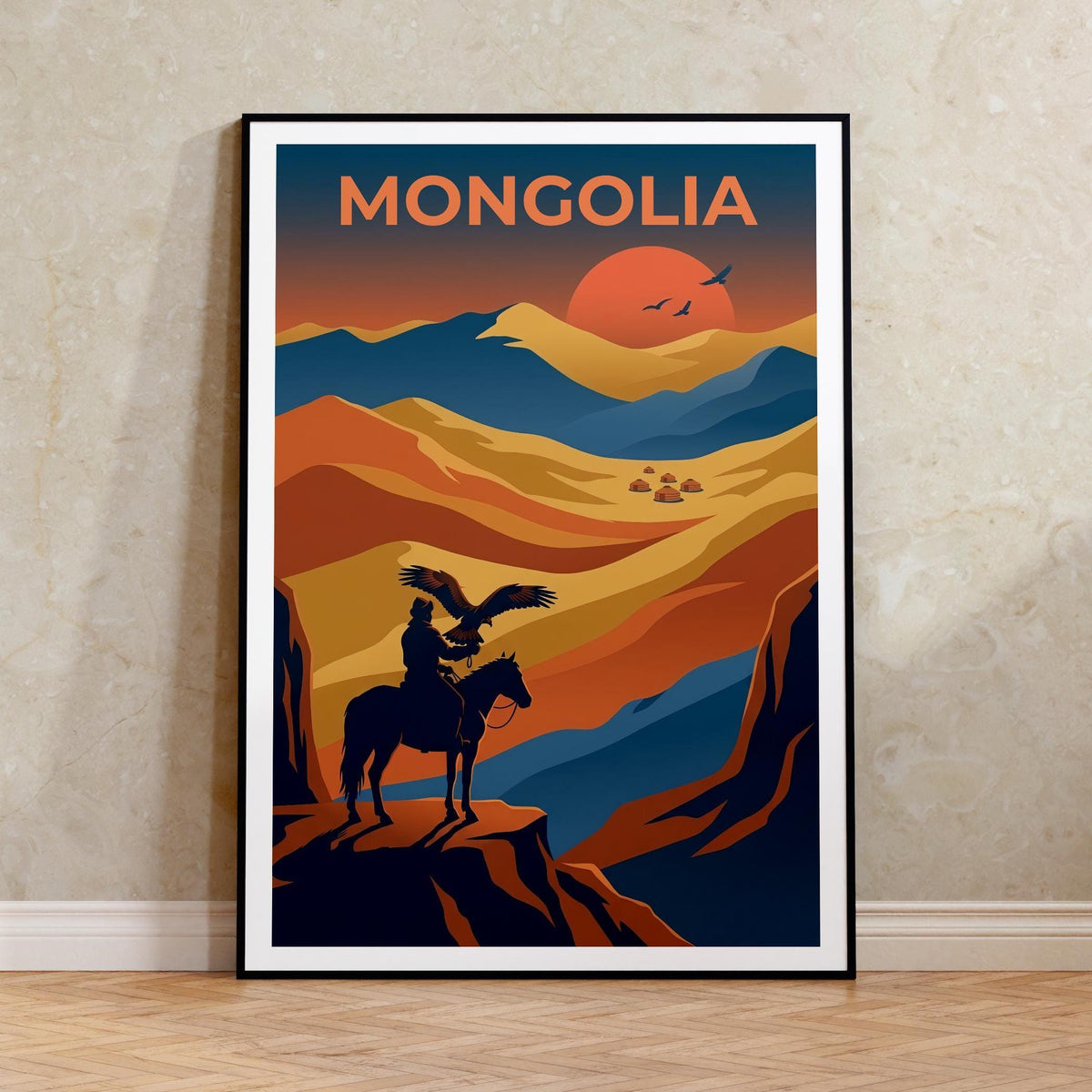 Mongolia Eagle Hunter Poster, Nomadic Rider Wall Art