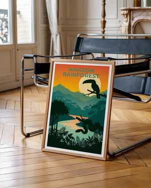 Amazon Rainforest Poster — Toucan Sunset River Illustration