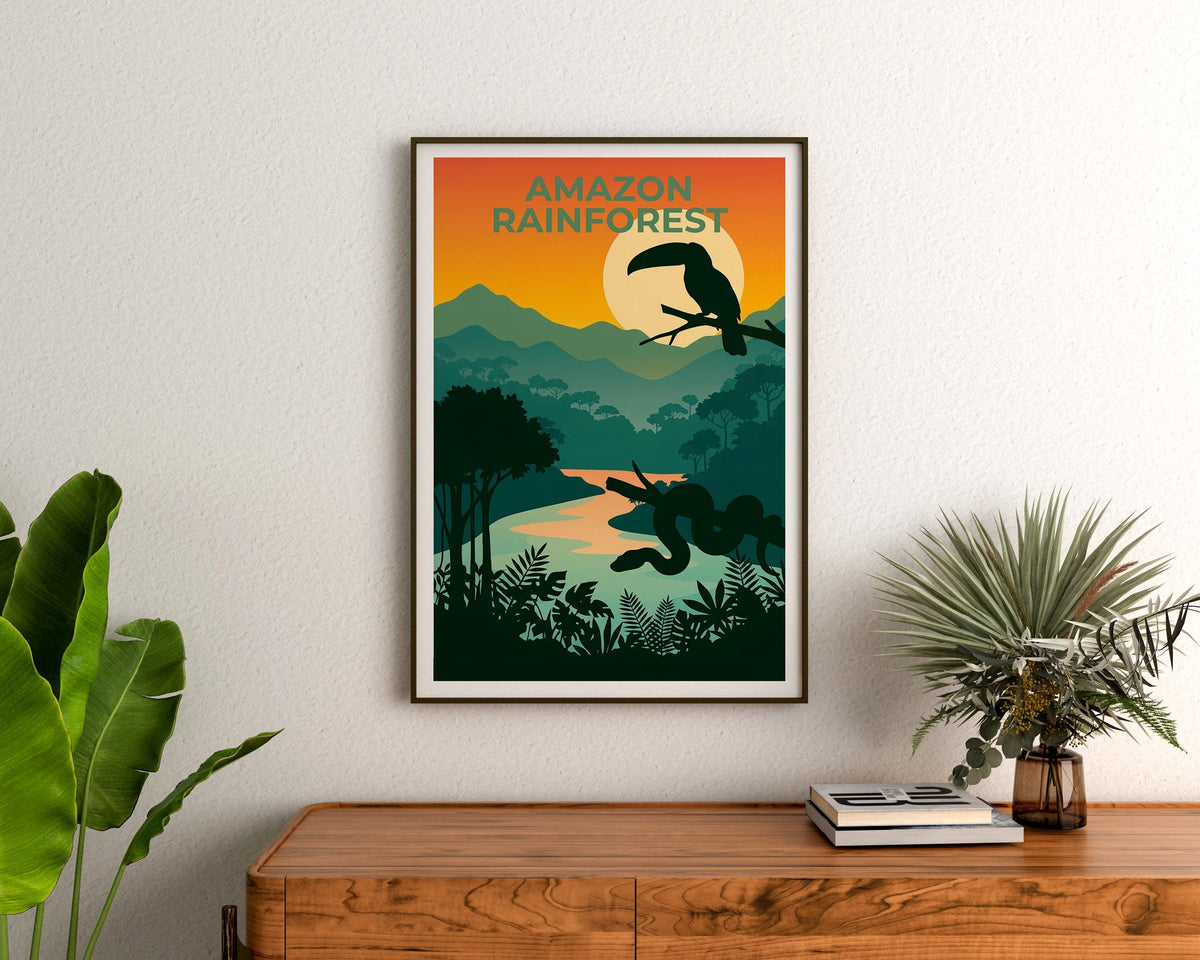 Amazon Rainforest Poster — Toucan Sunset River Illustration