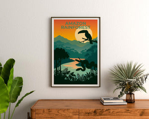 Amazon Rainforest Poster — Toucan Sunset River Illustration