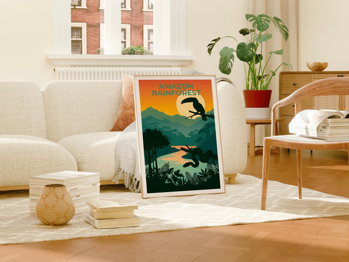 Amazon Rainforest Poster — Toucan Sunset River Illustration