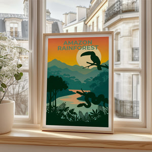 Amazon Rainforest Poster — Toucan Sunset River Illustration