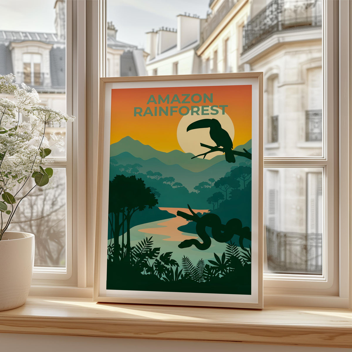 Amazon Rainforest Poster — Toucan Sunset River Illustration