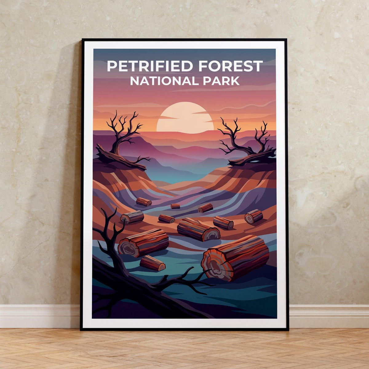 Petrified Forest Poster, Painted Desert Logs at Sunset