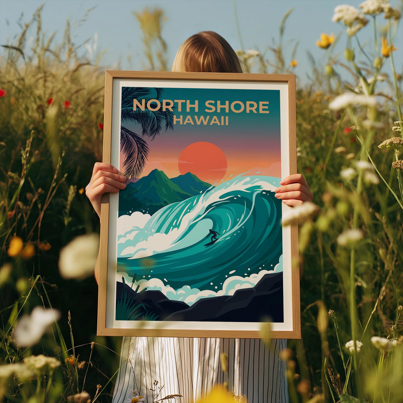 North Shore Hawaii Poster – Surfer Wave Sunset Print