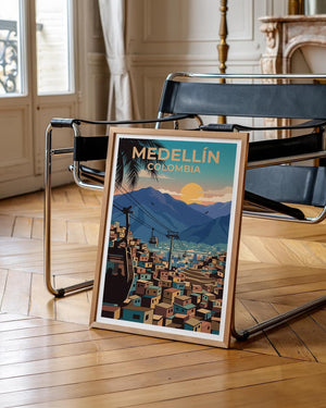 Medellín Colombia Poster — Metrocable Over Colorful Barrios