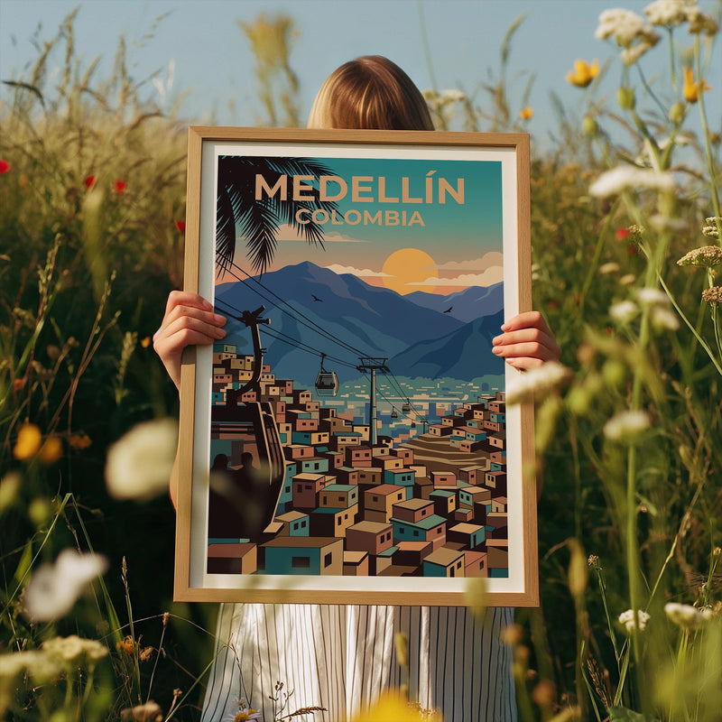 Medellín Colombia Poster — Metrocable Over Colorful Barrios
