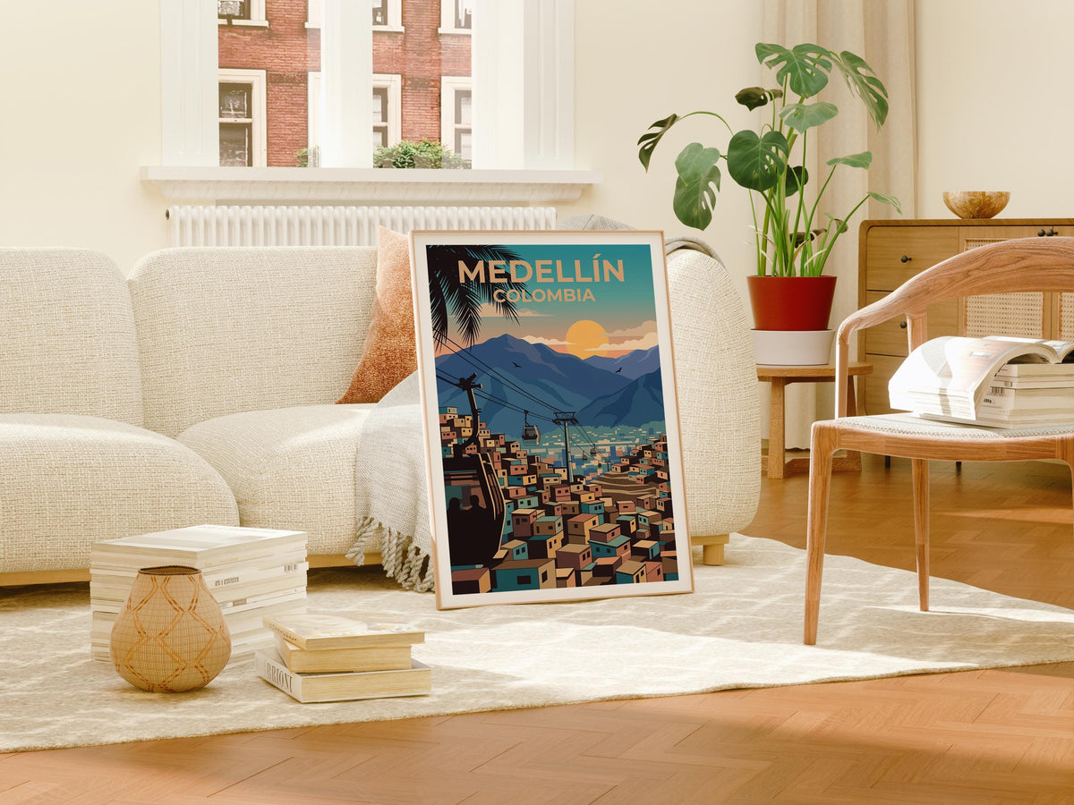 Medellín Colombia Poster — Metrocable Over Colorful Barrios