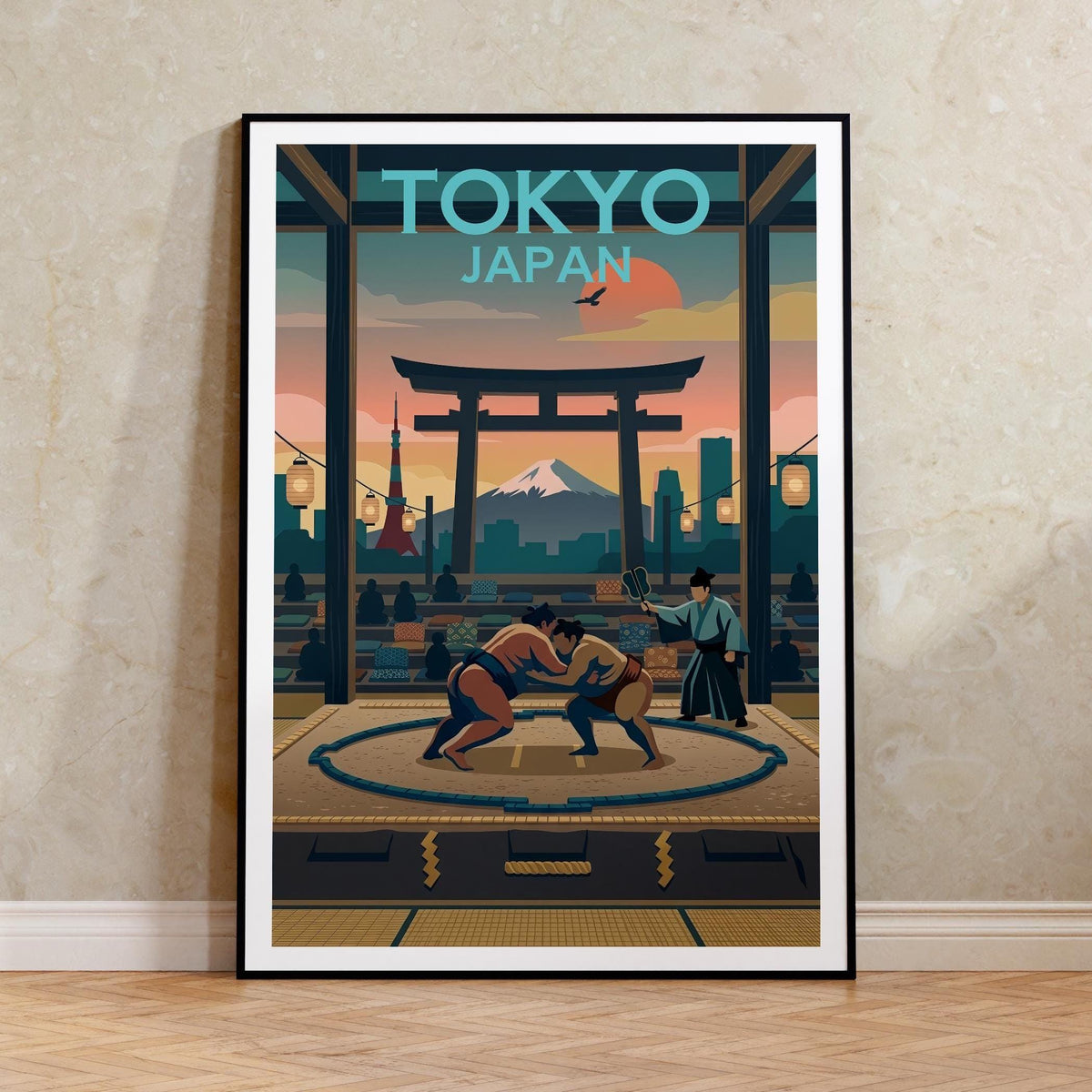 Tokyo Sumo Poster – Mt. Fuji, Torii Gate & Skyline Print