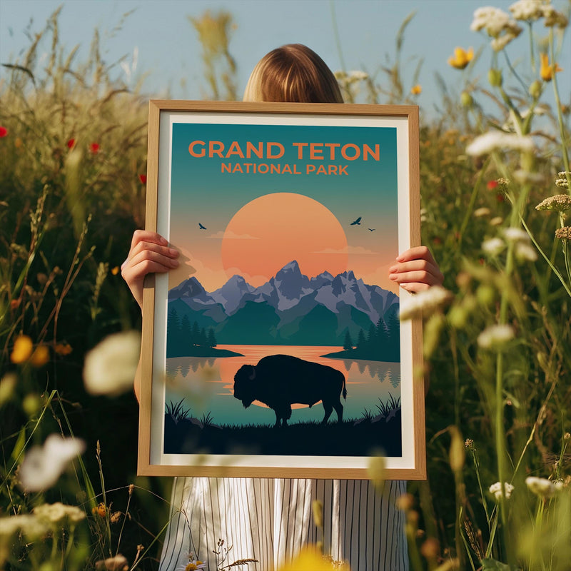 Grand Teton National Park Poster – Sunset Bison Lake Art