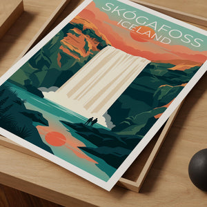Skogafoss Waterfall Iceland Poster - Sunset Falls Print