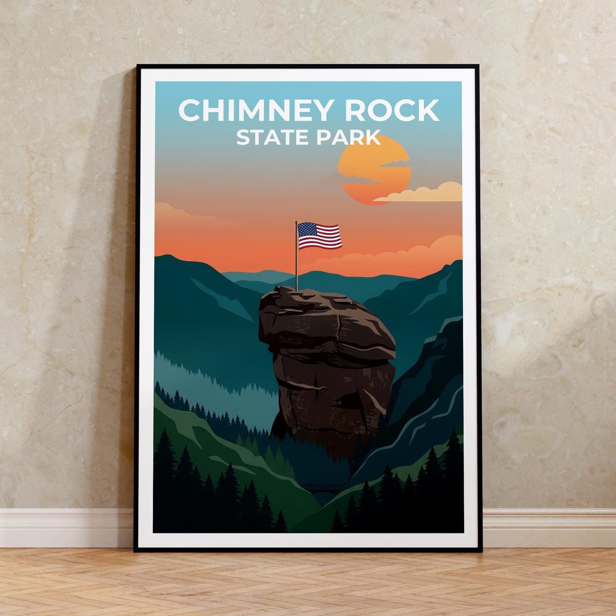 Chimney Rock Poster – Sunset Over the Blue Ridge Mountains