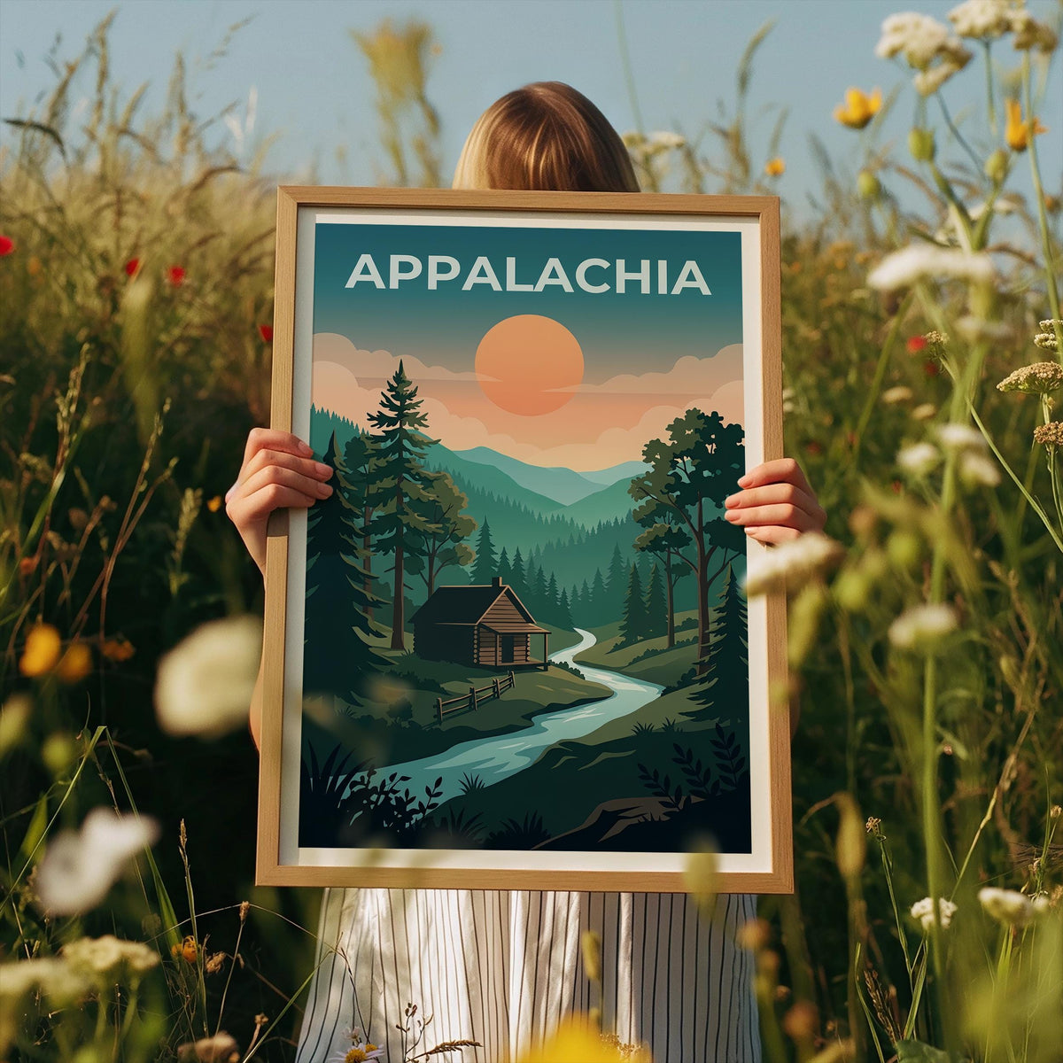 Appalachia Poster – Rustic Cabin in Forest by Moonlight
