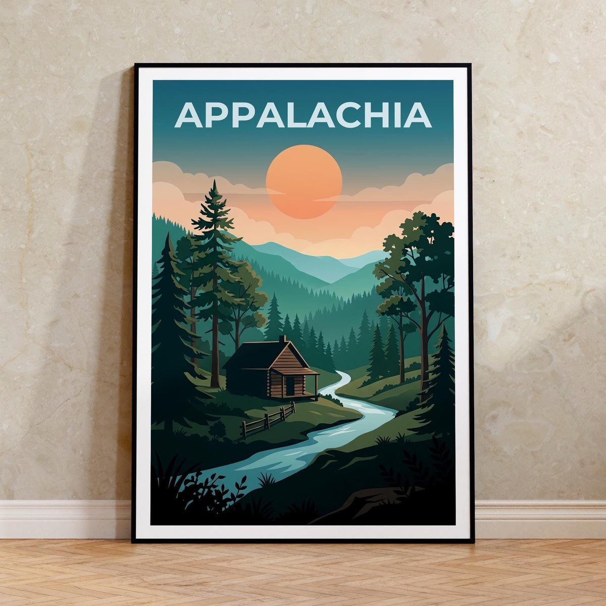 Appalachia Poster – Rustic Cabin in Forest by Moonlight