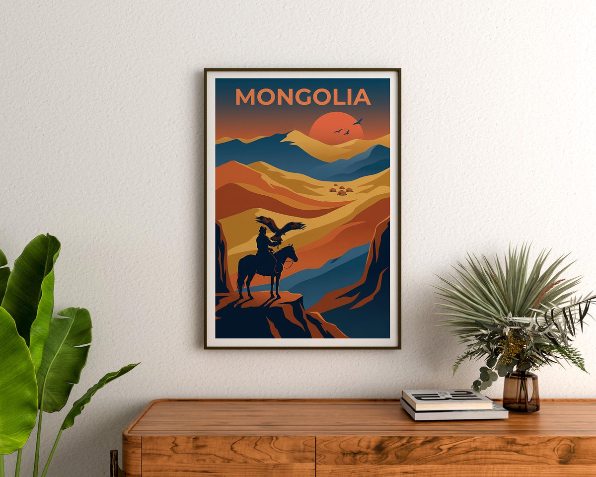 Mongolia Eagle Hunter Poster, Nomadic Rider Wall Art