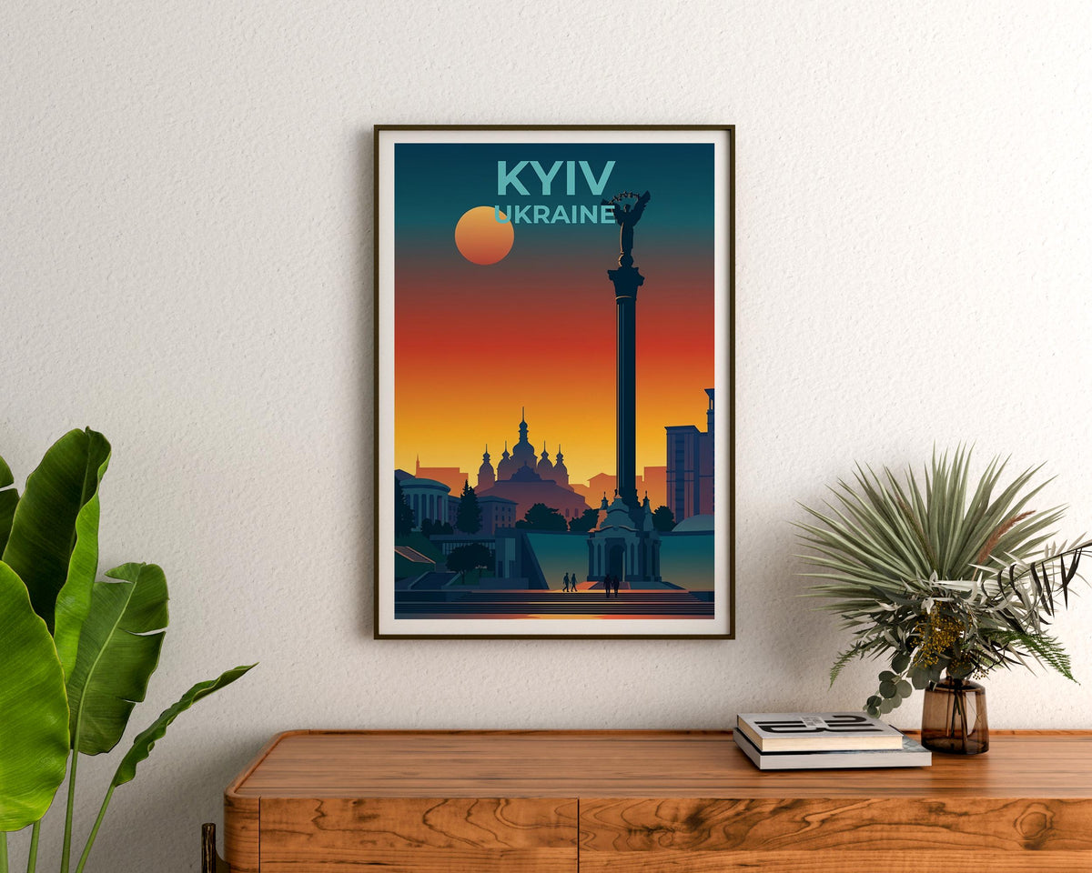 Kyiv Ukraine Poster Independence Monument Sunset Cityscape