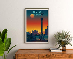 Kyiv Ukraine Poster Independence Monument Sunset Cityscape