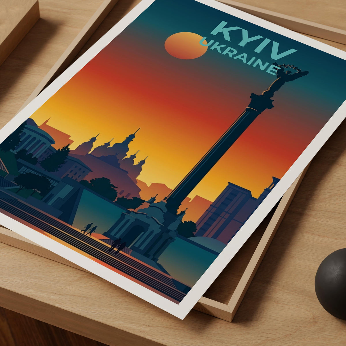 Kyiv Ukraine Poster Independence Monument Sunset Cityscape