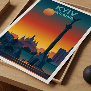 Kyiv Ukraine Poster Independence Monument Sunset Cityscape