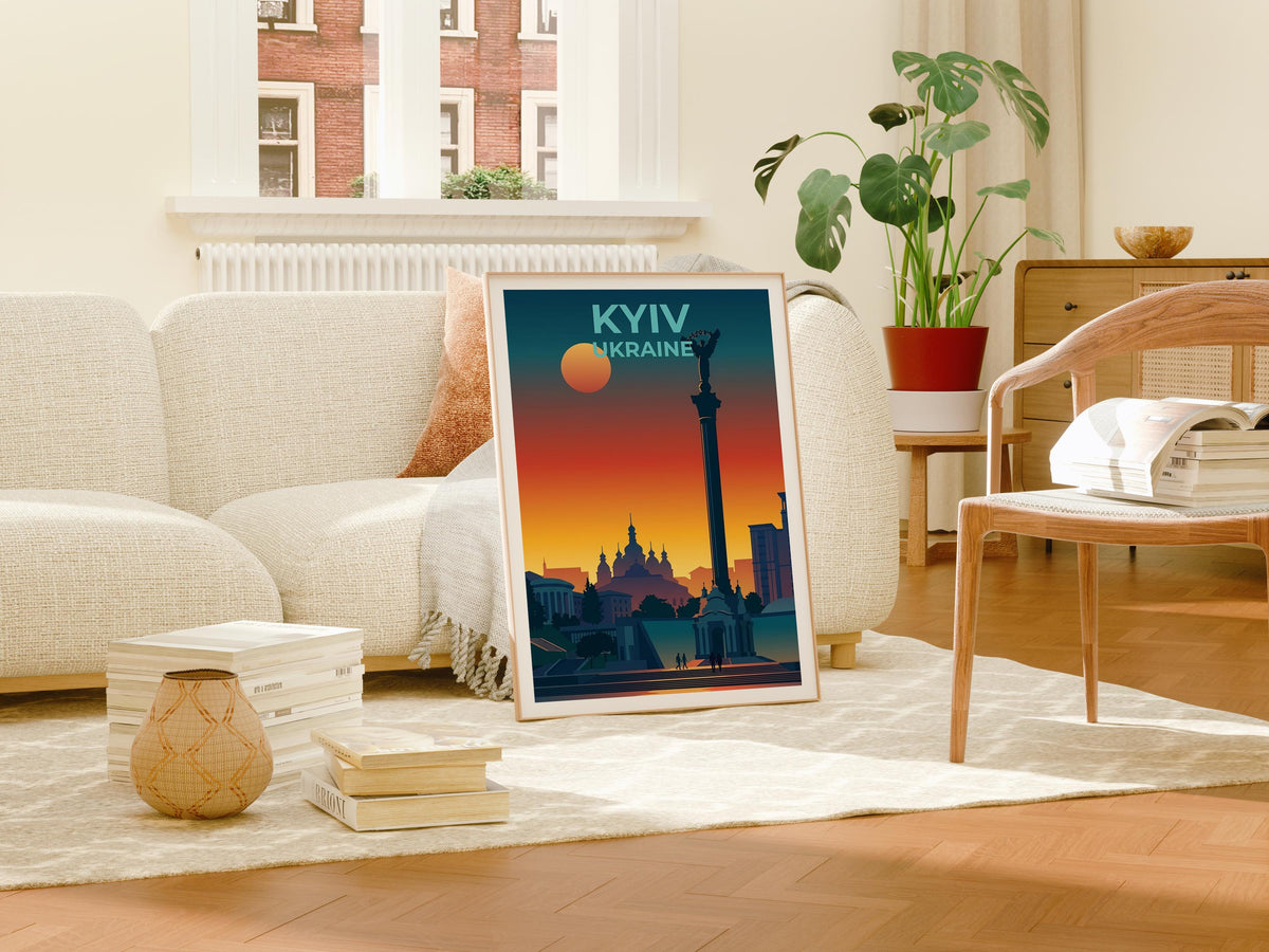 Kyiv Ukraine Poster Independence Monument Sunset Cityscape