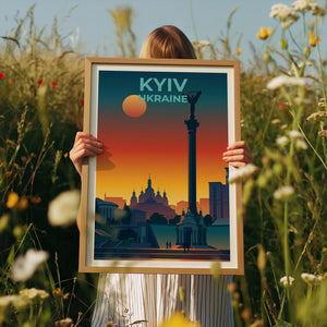Kyiv Ukraine Poster Independence Monument Sunset Cityscape