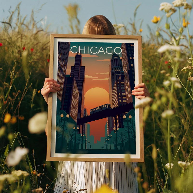 Chicago Sunset Poster – Downtown Skyline Train Print