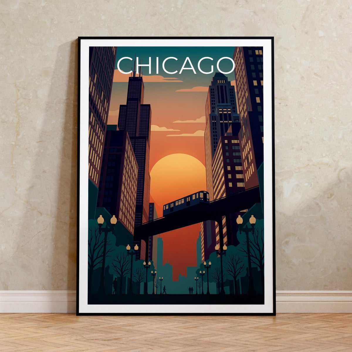 Chicago Sunset Poster – Downtown Skyline Train Print