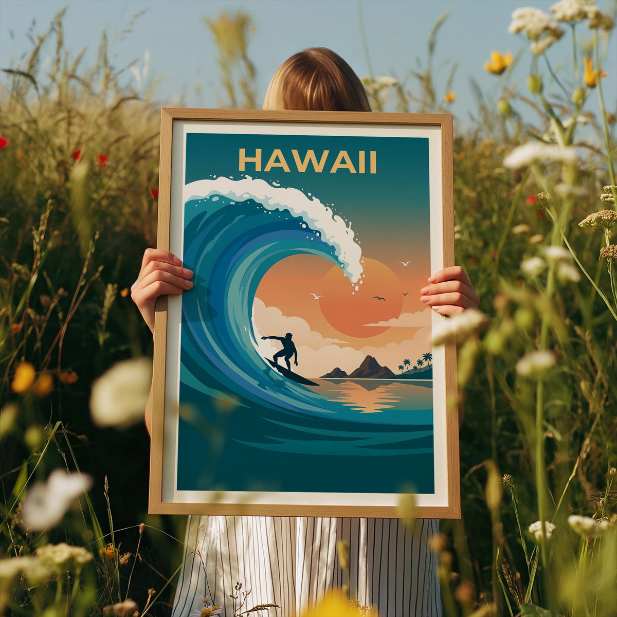 Hawaii Surf Poster — Big Wave Barrel & Sunset Art Print