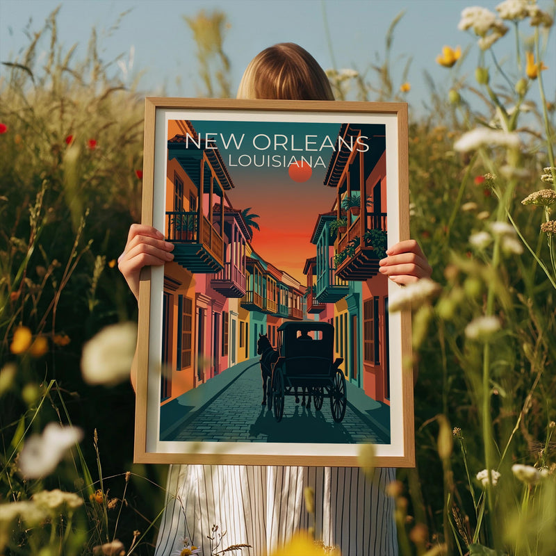 New Orleans Poster – French Quarter Carriage Sunset Street Art