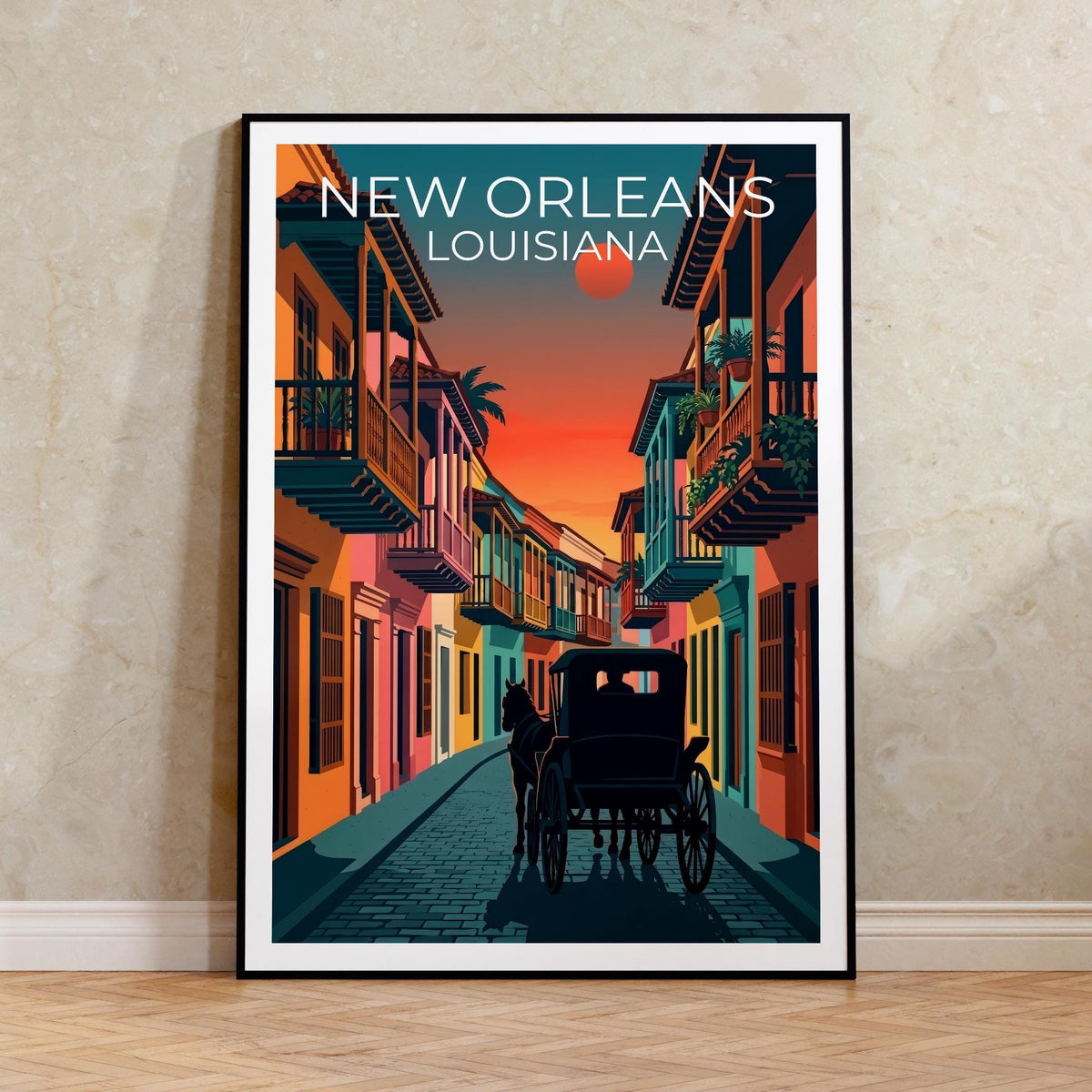 New Orleans Poster – French Quarter Carriage Sunset Street Art