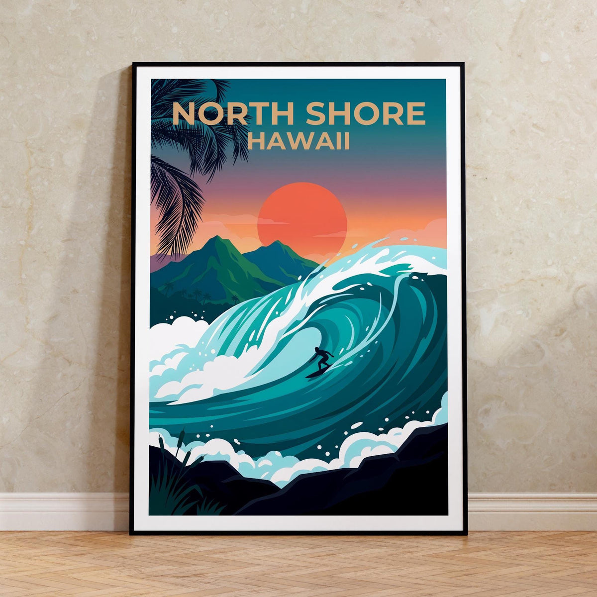 North Shore Hawaii Poster – Surfer Wave Sunset Print