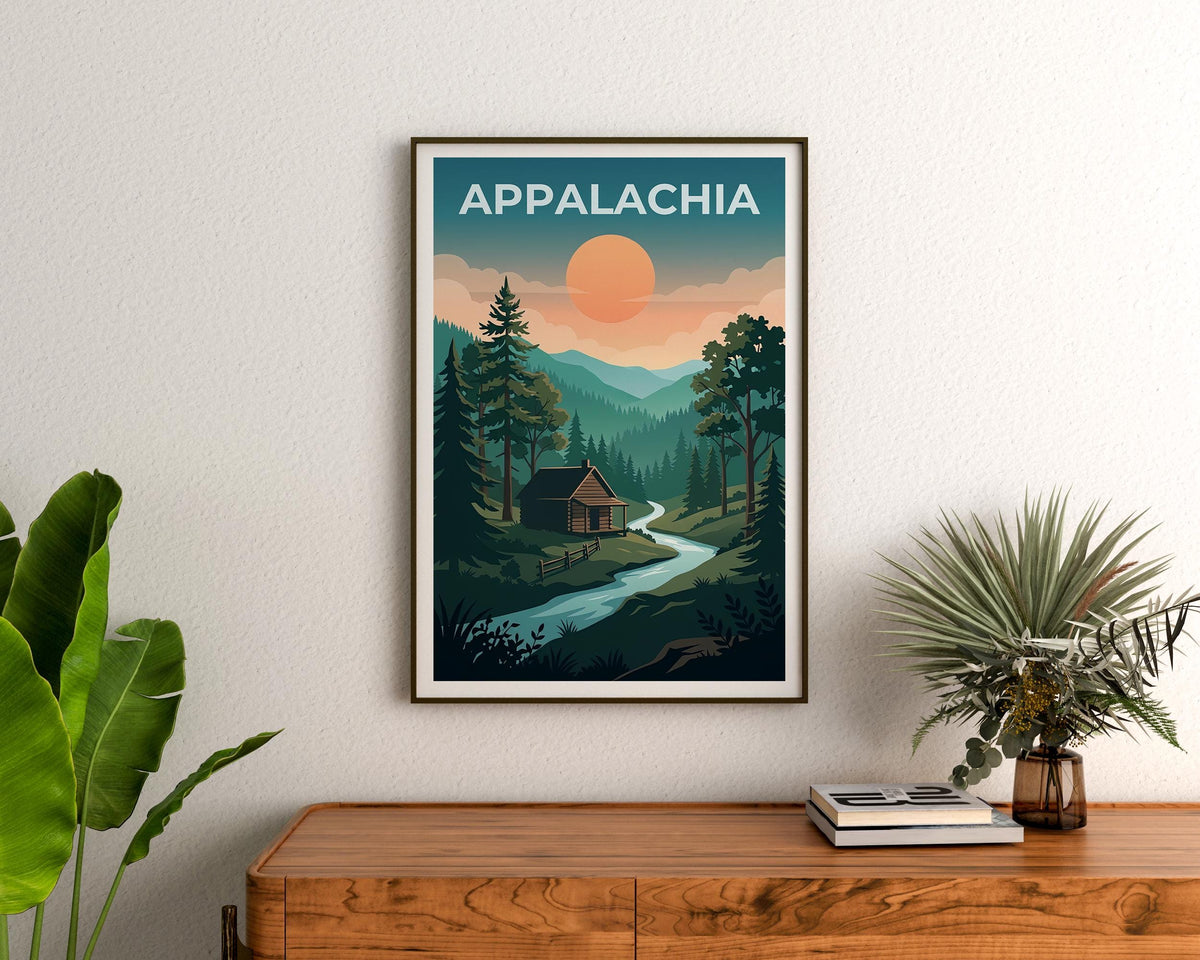 Appalachia Poster – Rustic Cabin in Forest by Moonlight