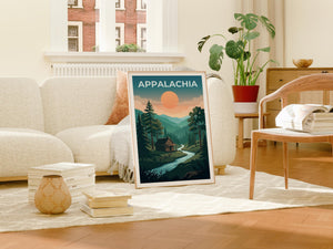 Appalachia Poster – Rustic Cabin in Forest by Moonlight