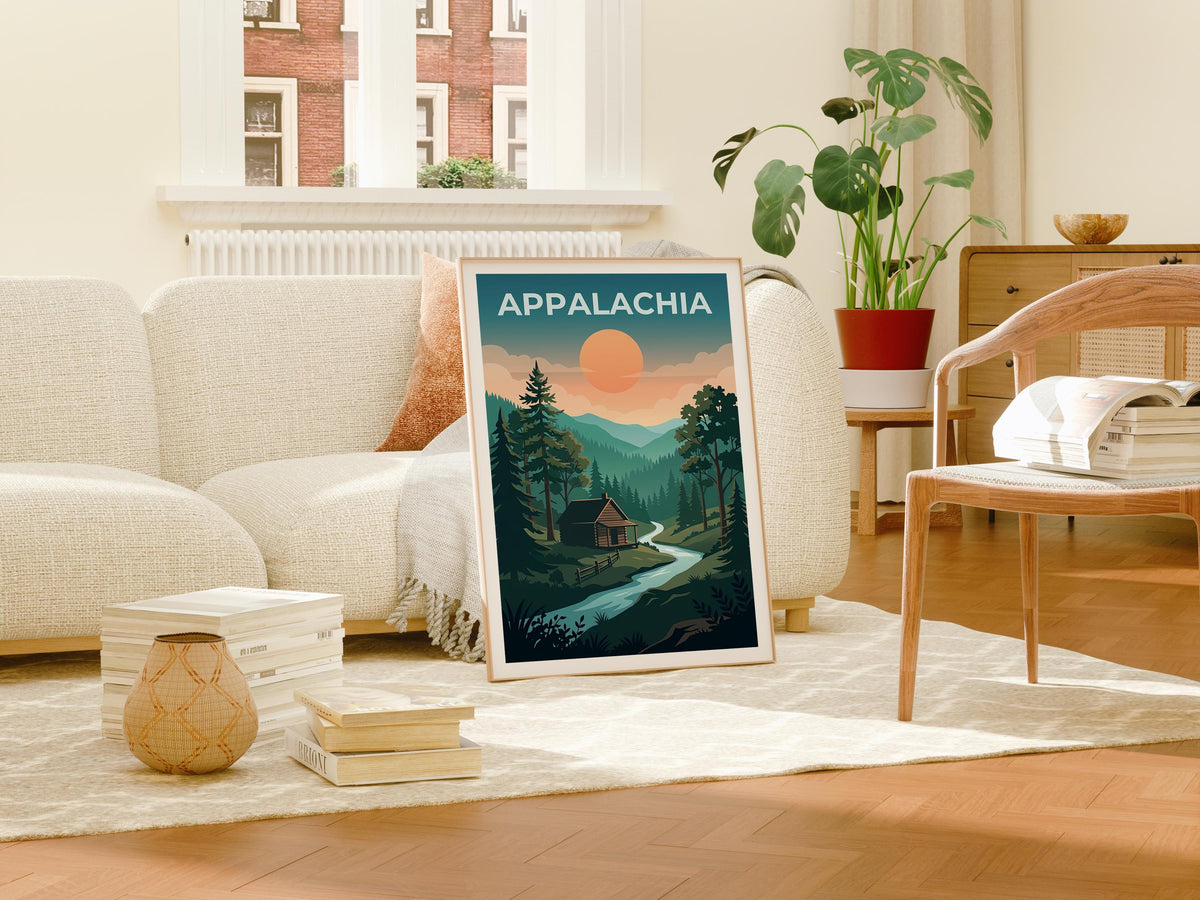 Appalachia Poster – Rustic Cabin in Forest by Moonlight
