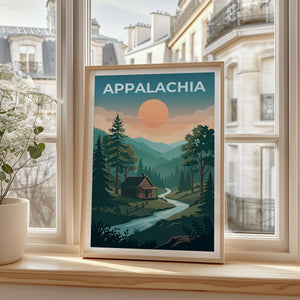 Appalachia Poster – Rustic Cabin in Forest by Moonlight