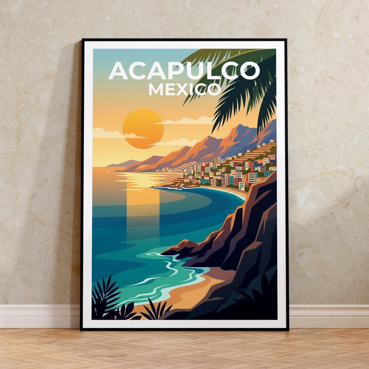 Acapulco Mexico Poster, Sunset Bay Cityscape Print