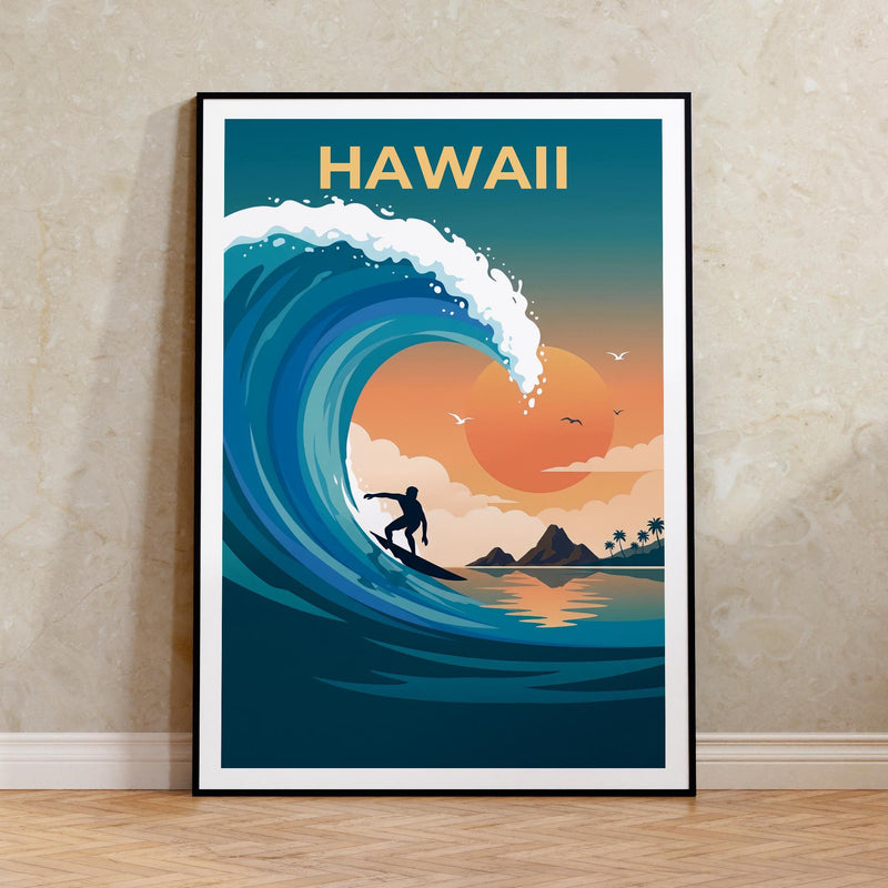 Hawaii Surf Poster — Big Wave Barrel & Sunset Art Print