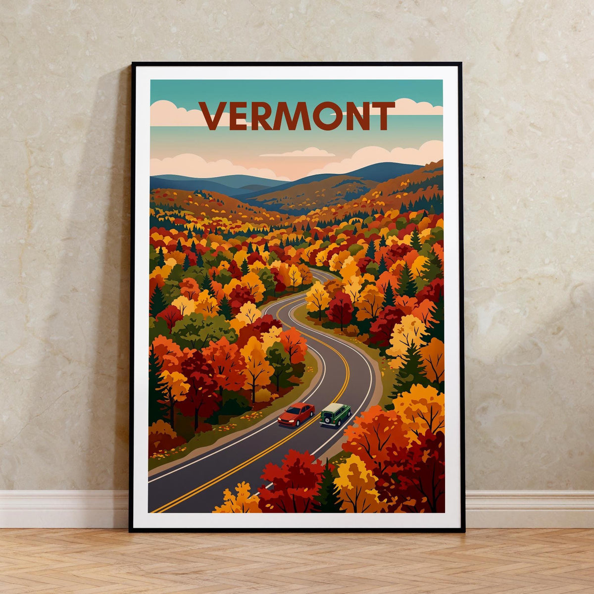 Vermont Fall Foliage Poster — Maple Forest Road Trip Print
