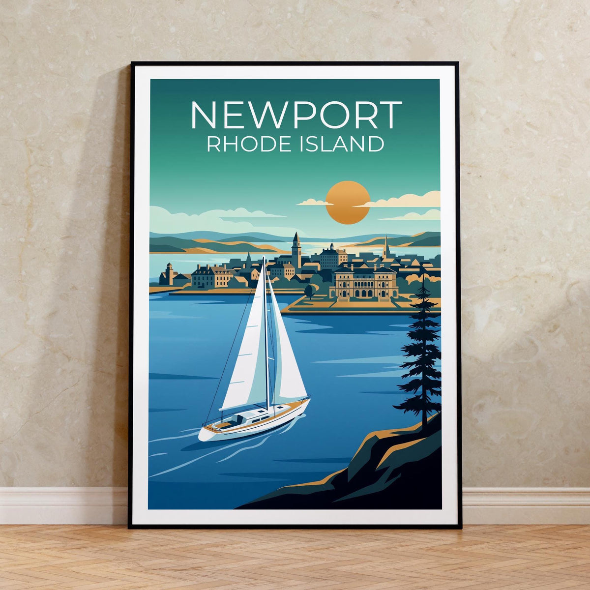 Newport Rhode Island Sailboat Harbor Poster, Sunset Print
