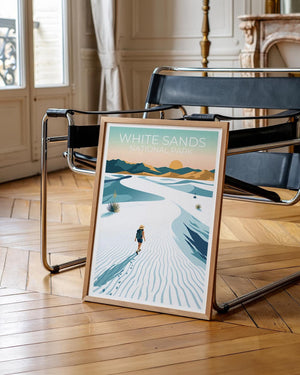 White Sands Poster, Dune Hiker & Yucca at Sunset