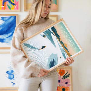 White Sands Poster, Dune Hiker & Yucca at Sunset